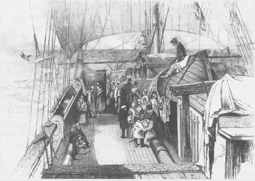 Emigrants on the deck of a ship